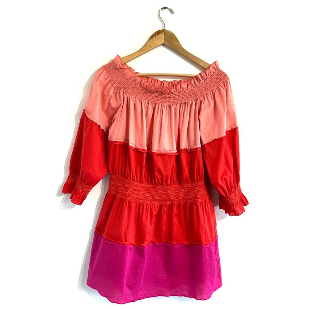 St. John Off shoulder mini dress lightweight cotton tiered colorful pink red